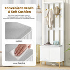 4-in-1 Hall Tree with Cushion, Coat Rack with 8 Gold Hooks and Legs, Entryway Bench with Adjustable Shelves & Fluted Doors