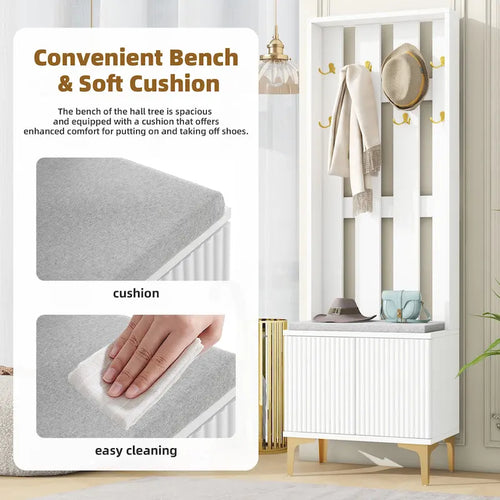 4-in-1 Hall Tree with Cushion, Coat Rack with 8 Gold Hooks and Legs, Entryway Bench with Adjustable Shelves & Fluted Doors