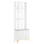 4-in-1 Hall Tree with Cushion, Coat Rack with 8 Gold Hooks and Legs, Entryway Bench with Adjustable Shelves & Fluted Doors