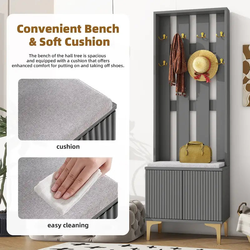 4-in-1 Hall Tree with Cushion, Coat Rack with 8 Gold Hooks and Legs, Entryway Bench with Adjustable Shelves & Fluted Doors