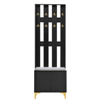 4-in-1 Hall Tree with Cushion, Coat Rack with 8 Gold Hooks and Legs, Entryway Bench with Adjustable Shelves & Fluted Doors