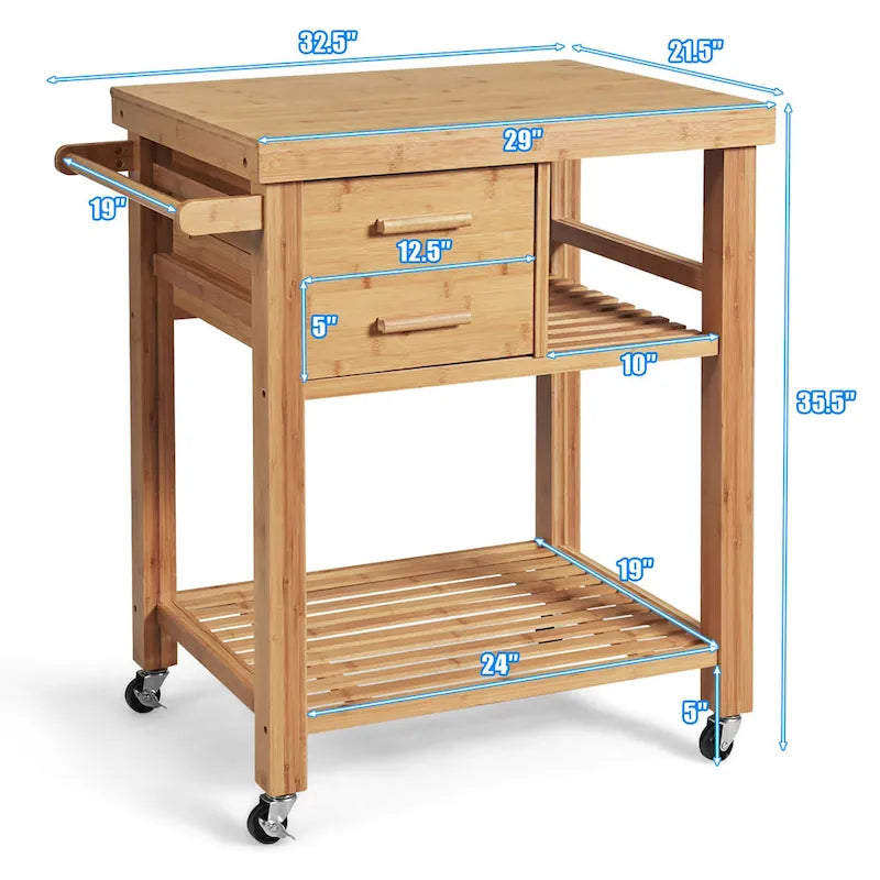 Bamboo Kitchen Island Trolley Cart with Drawers and Tower Rack