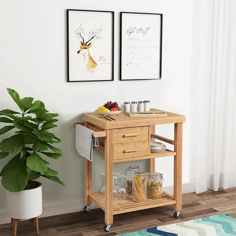 Bamboo Kitchen Island Trolley Cart with Drawers and Tower Rack