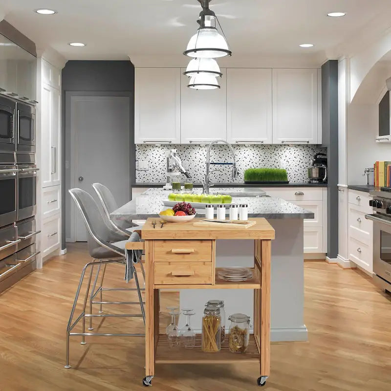 Bamboo Kitchen Island Trolley Cart with Drawers and Tower Rack