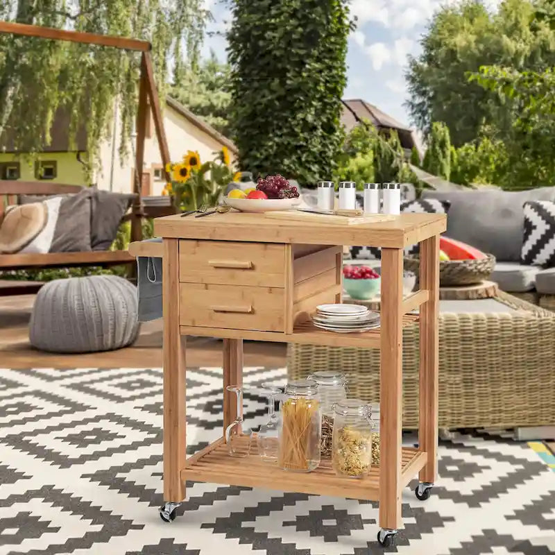 Bamboo Kitchen Island Trolley Cart with Drawers and Tower Rack