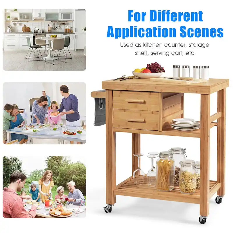 Bamboo Kitchen Island Trolley Cart with Drawers and Tower Rack