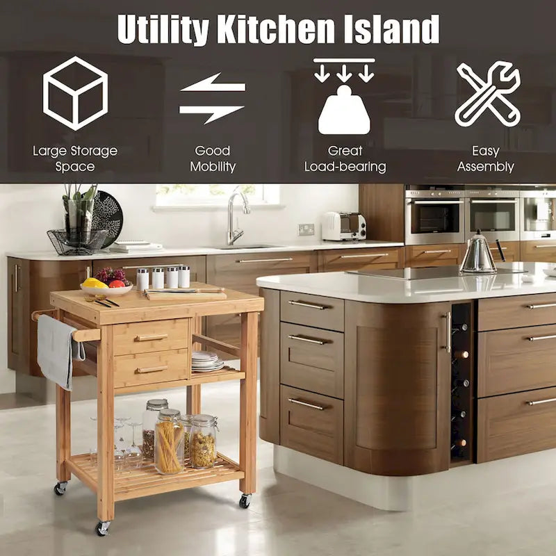 Bamboo Kitchen Island Trolley Cart with Drawers and Tower Rack