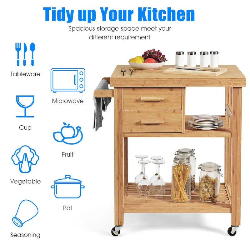 Bamboo Kitchen Island Trolley Cart with Drawers and Tower Rack