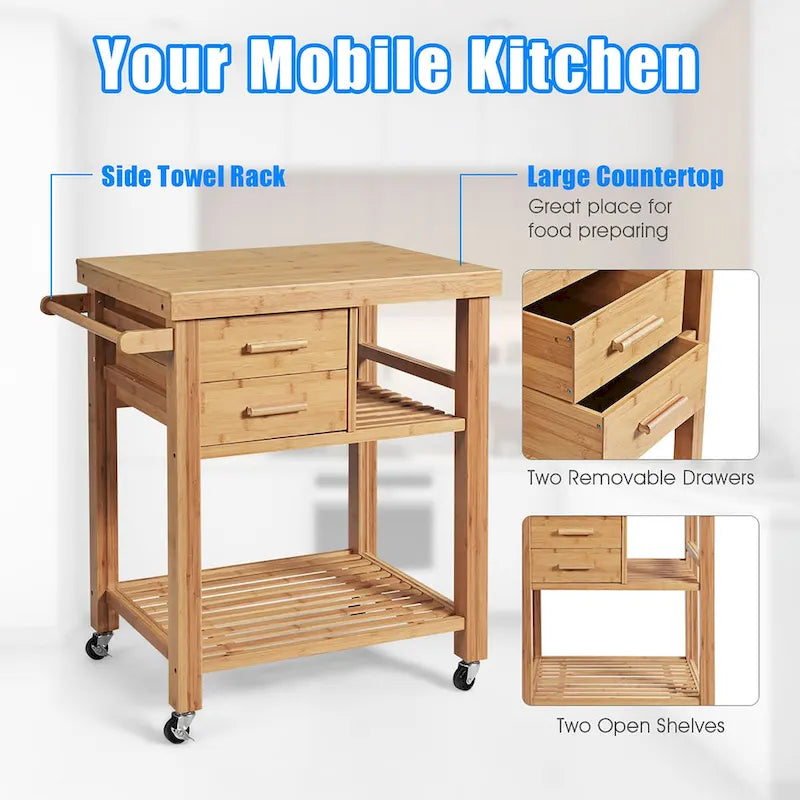 Bamboo Kitchen Island Trolley Cart with Drawers and Tower Rack