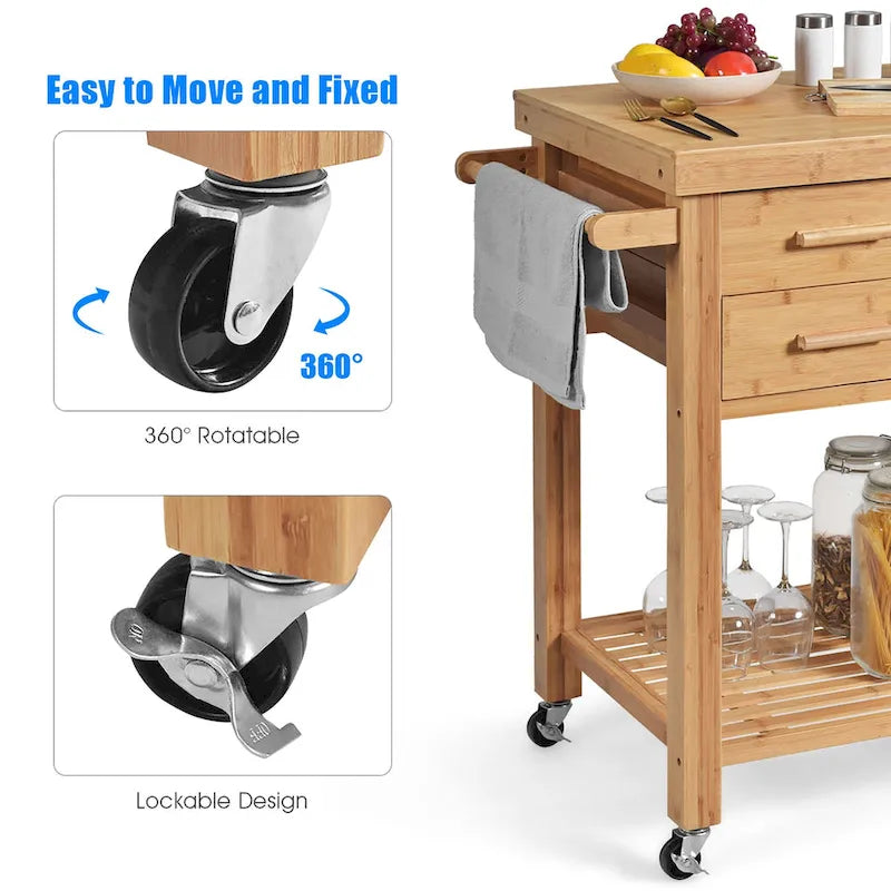 Bamboo Kitchen Island Trolley Cart with Drawers and Tower Rack