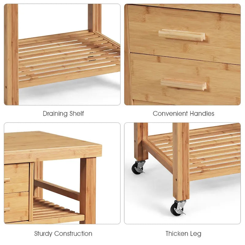 Bamboo Kitchen Island Trolley Cart with Drawers and Tower Rack