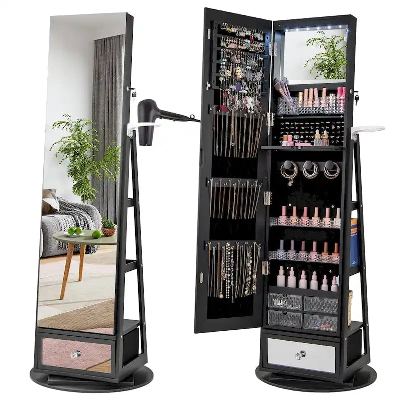 Swivel Jewelry Cabinet w/ Mirror Jewelry Storage Organizer
