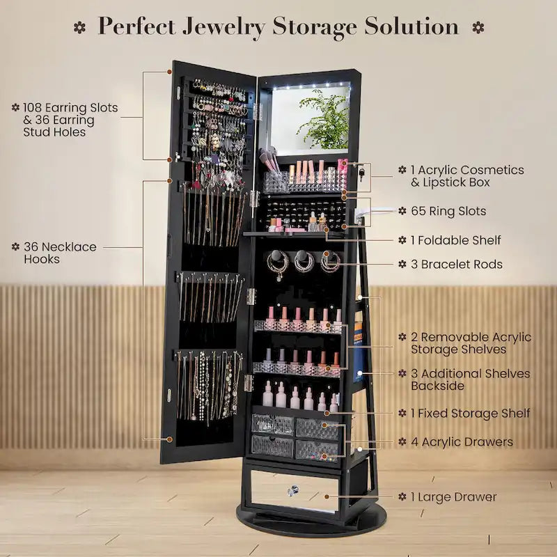 Swivel Jewelry Cabinet w/ Mirror Jewelry Storage Organizer