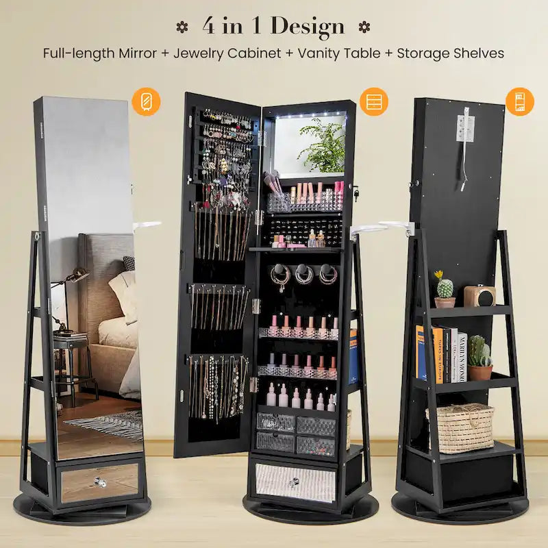 Swivel Jewelry Cabinet w/ Mirror Jewelry Storage Organizer
