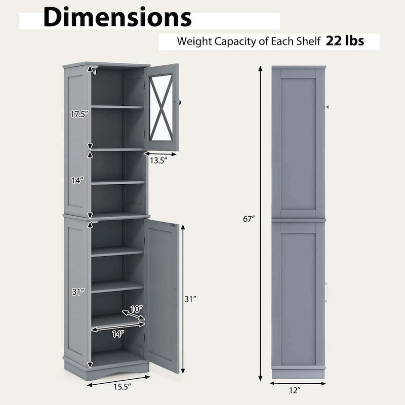67-Inch Tall Freestanding Bathroom Storage Cabinet with 5 Adjustable Shelves