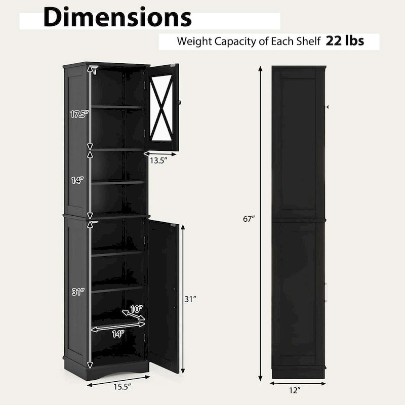 67-Inch Tall Freestanding Bathroom Storage Cabinet with 5 Adjustable Shelves