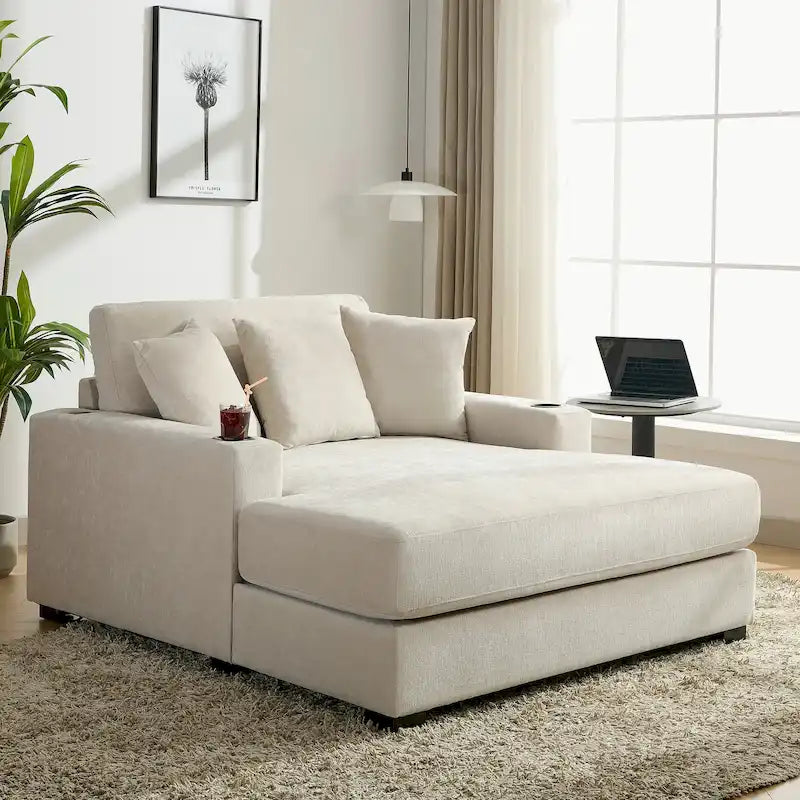 Oversized Chaise Lounger Modern Sofa Couch with Pillows, Charge Station & Cup Holders