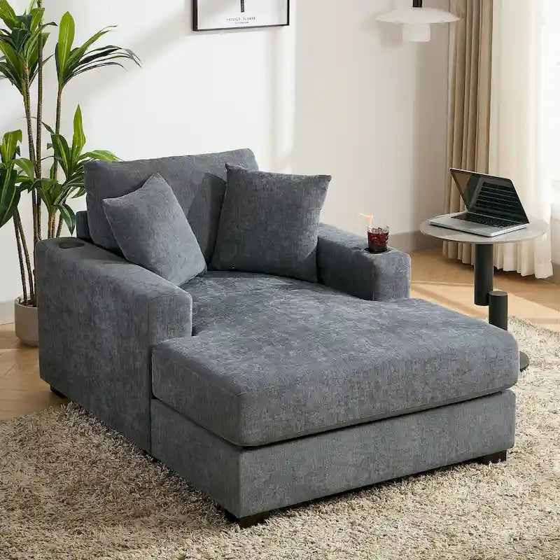 Oversized Chaise Lounger Modern Sofa Couch with Pillows, Charge Station & Cup Holders