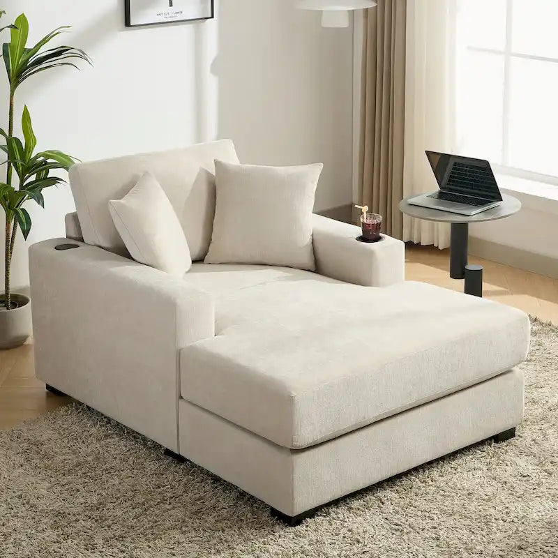 Oversized Chaise Lounger Modern Sofa Couch with Pillows, Charge Station & Cup Holders