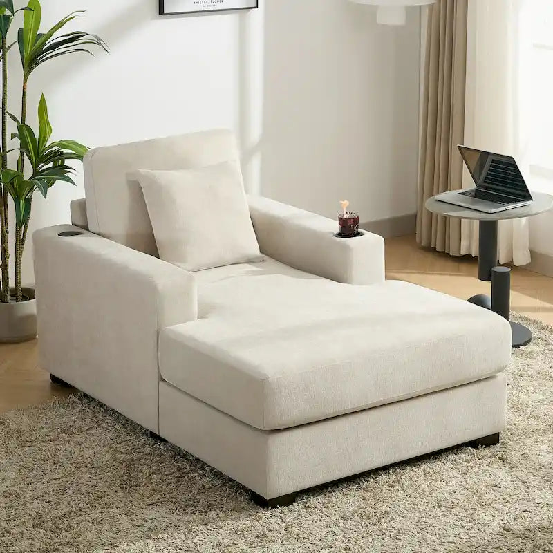 Oversized Chaise Lounger Modern Sofa Couch with Pillows, Charge Station & Cup Holders