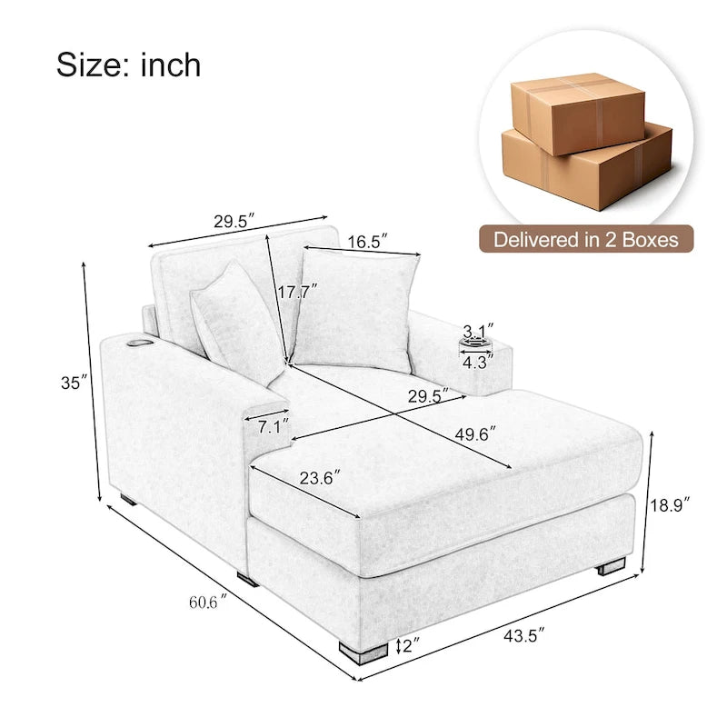 Oversized Chaise Lounger Modern Sofa Couch with Pillows, Charge Station & Cup Holders