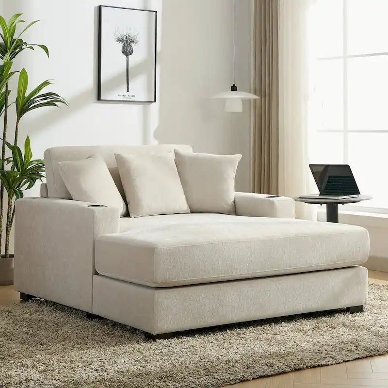 Oversized Chaise Lounger Modern Sofa Couch with Pillows, Charge Station & Cup Holders