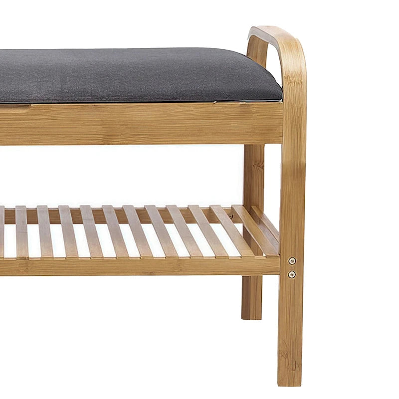 36-Inch Bamboo Shoe Storage Bench with Gray Padded Seat