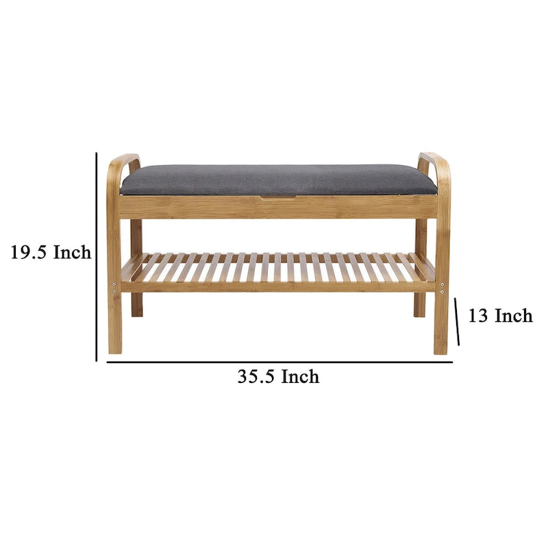 36-Inch Bamboo Shoe Storage Bench with Gray Padded Seat