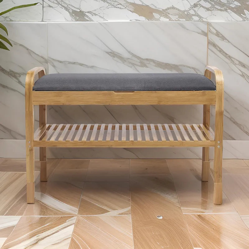 36-Inch Bamboo Shoe Storage Bench with Gray Padded Seat
