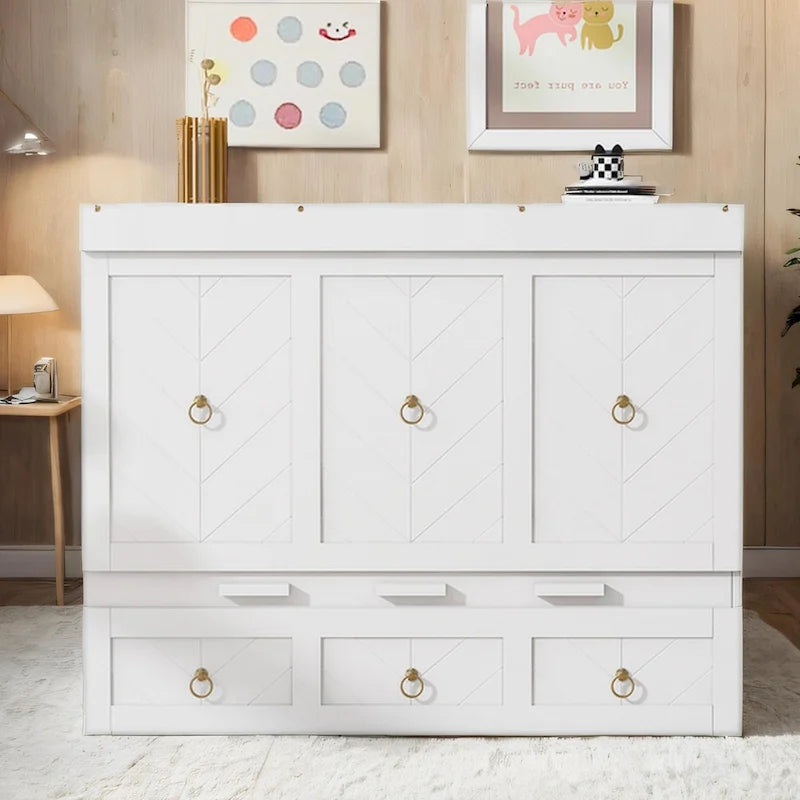 Queen Size Wood Murphy Bed with Drawer and Integrated Charging Hub