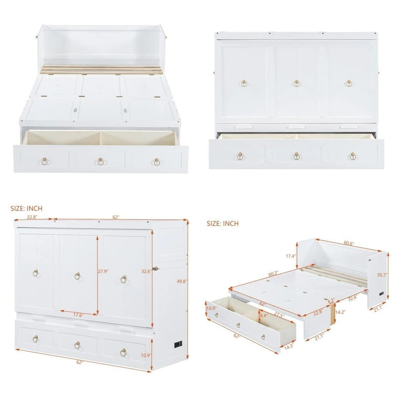 Queen Size Wood Murphy Bed with Drawer and Integrated Charging Hub