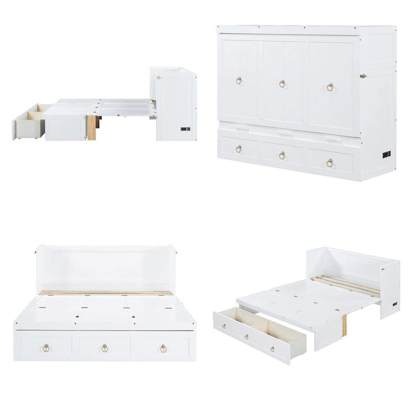 Queen Size Wood Murphy Bed with Drawer and Integrated Charging Hub