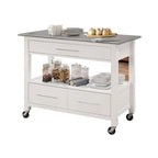 Stainless Steel Top White Kitchen Cart with 3 Drawers and Casters