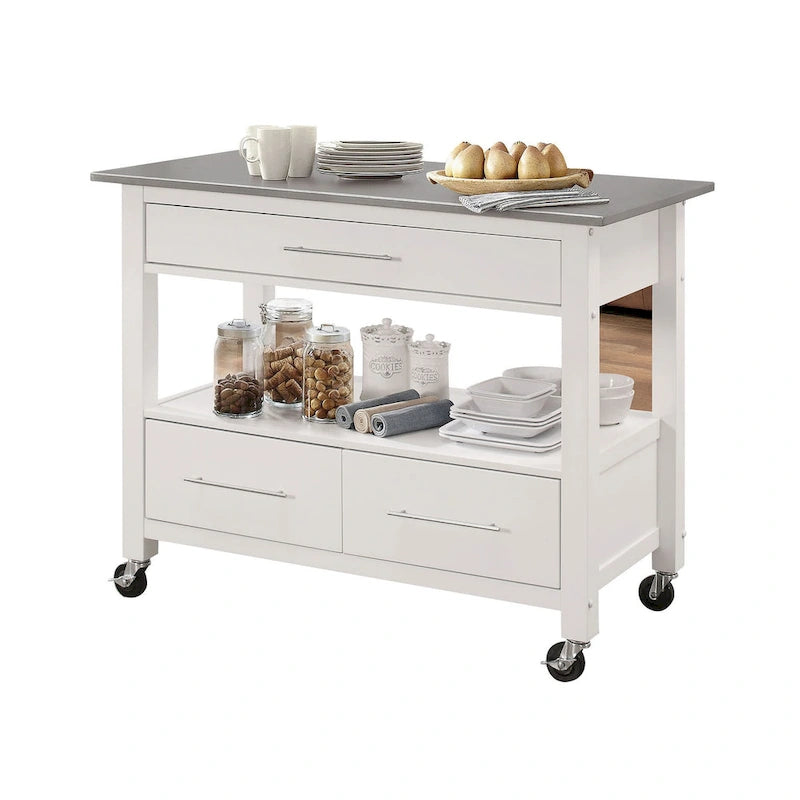 Stainless Steel Top White Kitchen Cart with 3 Drawers and Casters