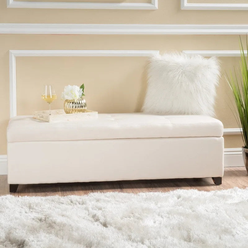 Tufted Fabric Storage Bench with Soft-Close Lid and Birch Legs
