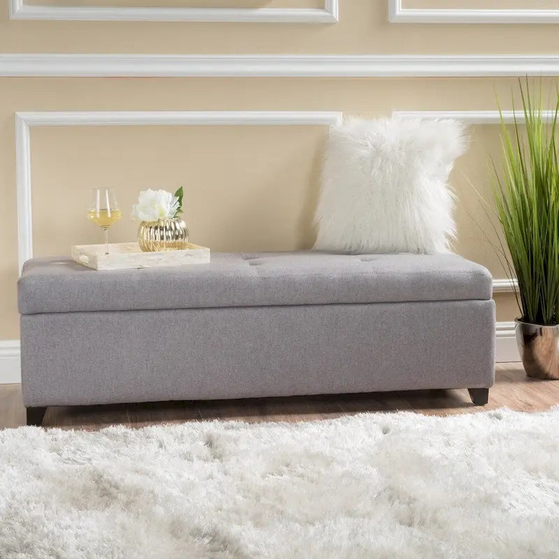 Tufted Fabric Storage Bench with Soft-Close Lid and Birch Legs