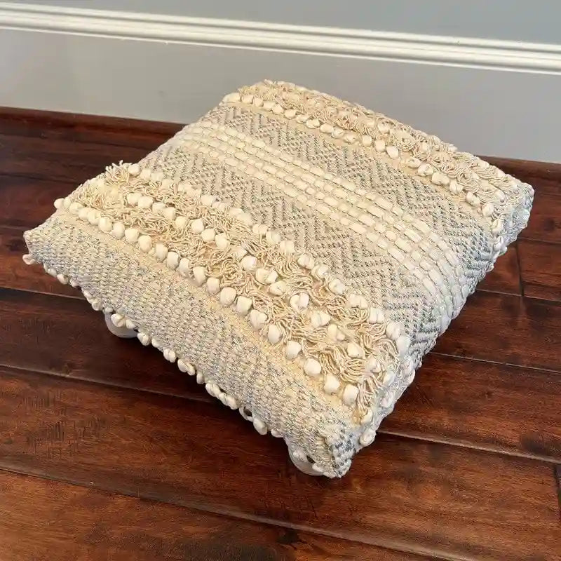 Handmade Cotton Dhurrie Upholstered Stool with Sheesham Wood Frame