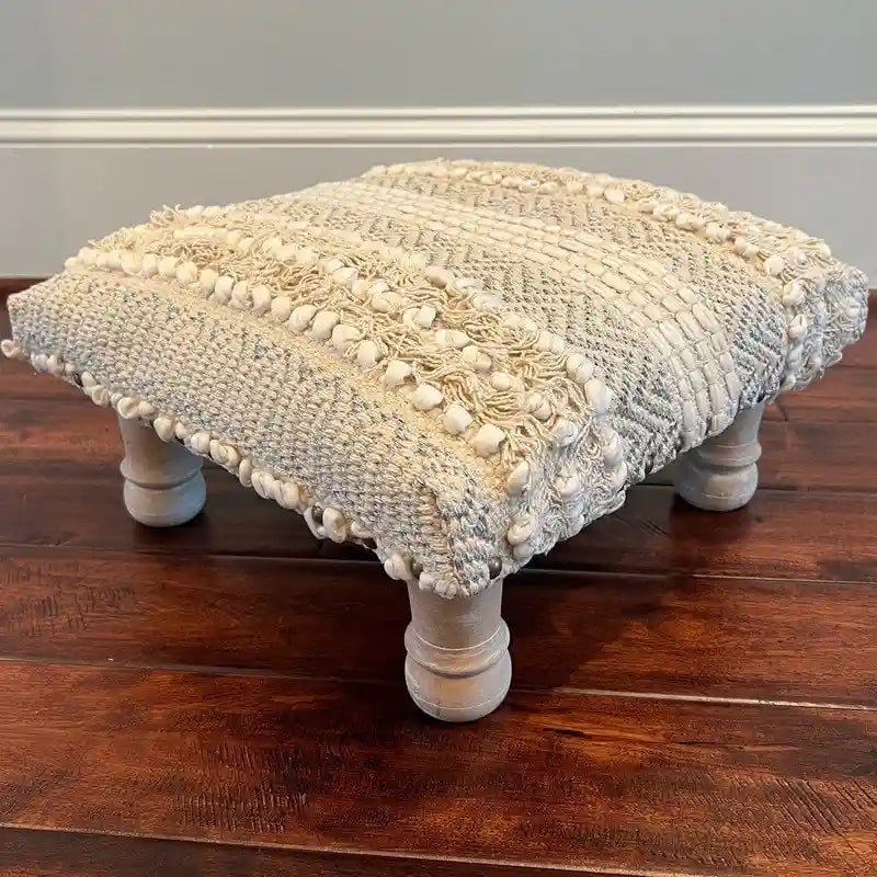 Handmade Cotton Dhurrie Upholstered Stool with Sheesham Wood Frame