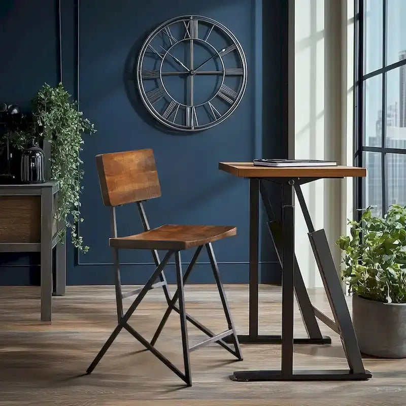 Industrial Reclaimed Wood and Metal Trestle Counter Stool