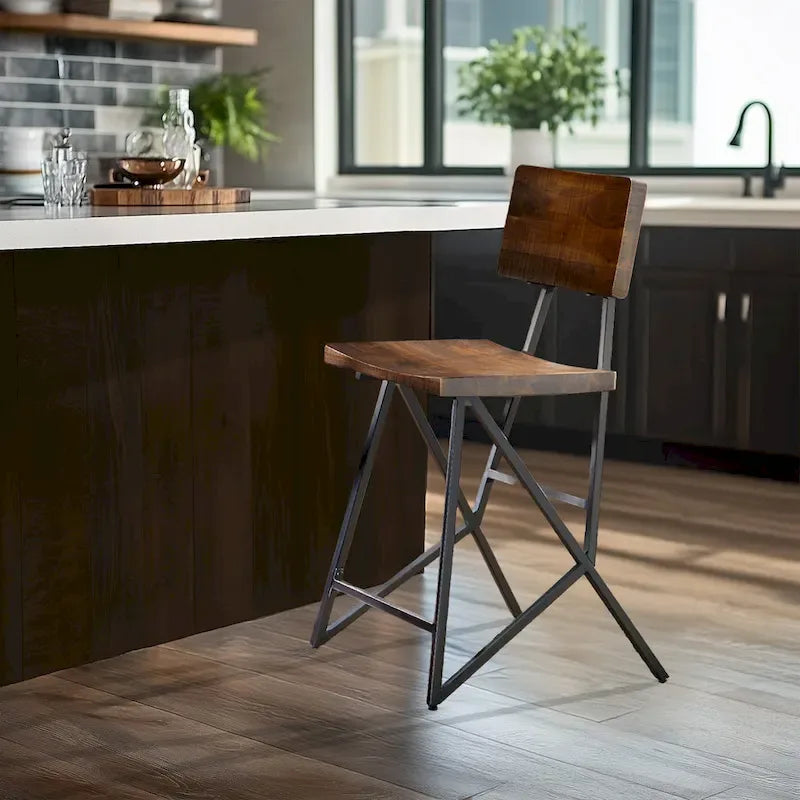 Industrial Reclaimed Wood and Metal Trestle Counter Stool