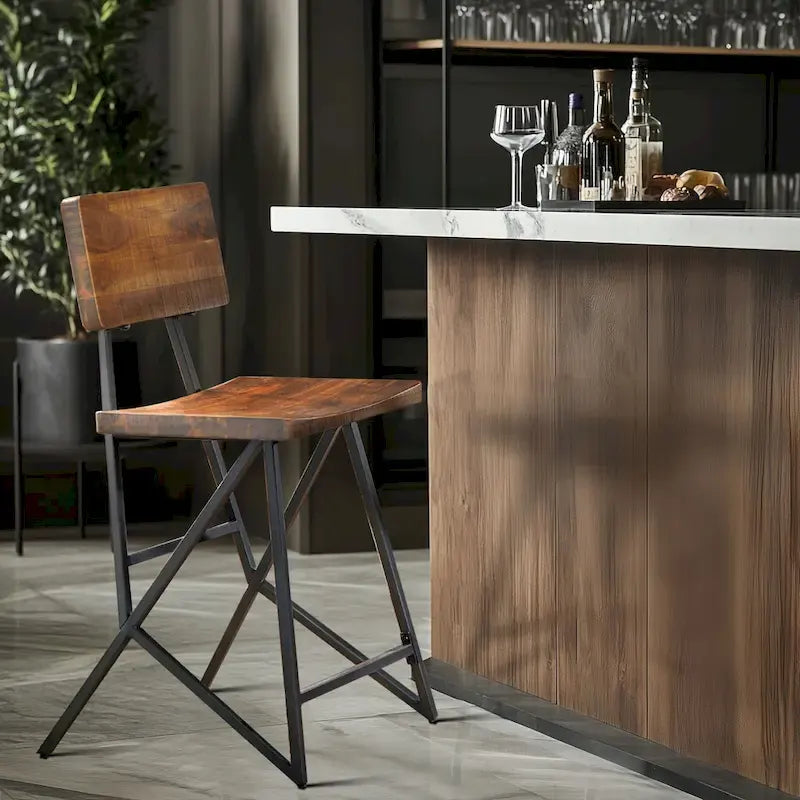 Industrial Reclaimed Wood and Metal Trestle Counter Stool