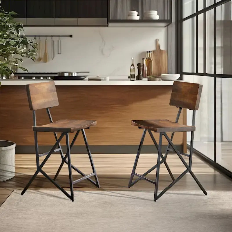 Industrial Reclaimed Wood and Metal Trestle Counter Stool