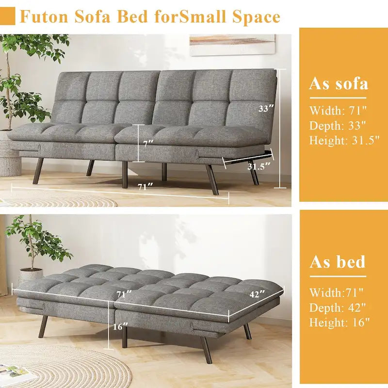 Memory Foam Futon Couch Bed Faux Leather Convertible Sofa with Adjustable Splitback Armrests for Compact Living Space, Grey
