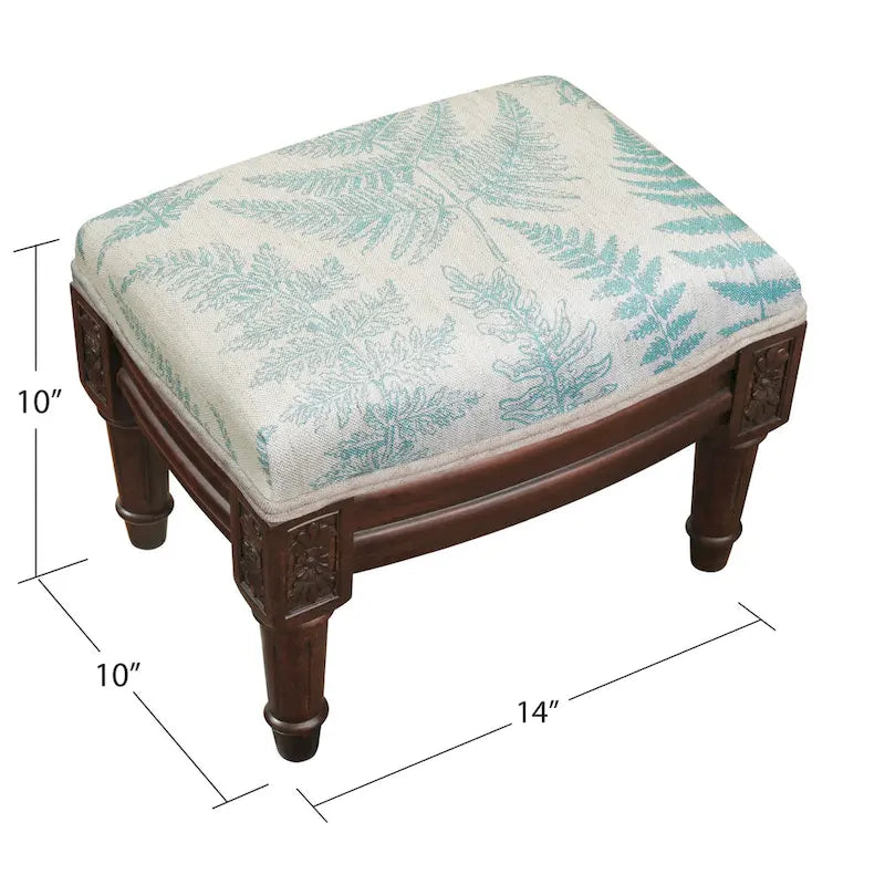 Upholstered Footstool with Wood Stained Finish and Linen Fabric