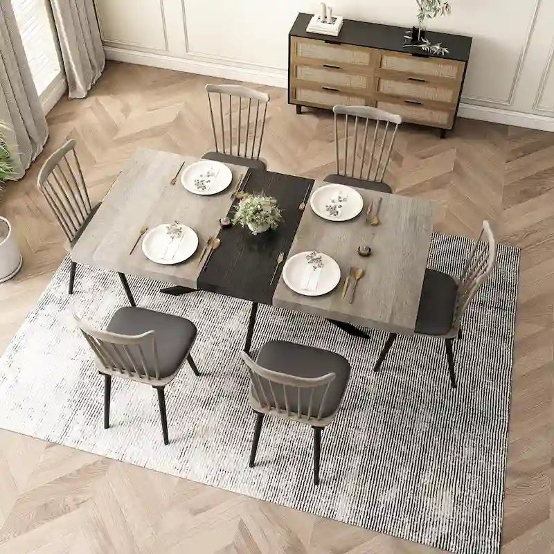 Retro Rectangular Extendable Dining Table with Black Embossed Iron Legs