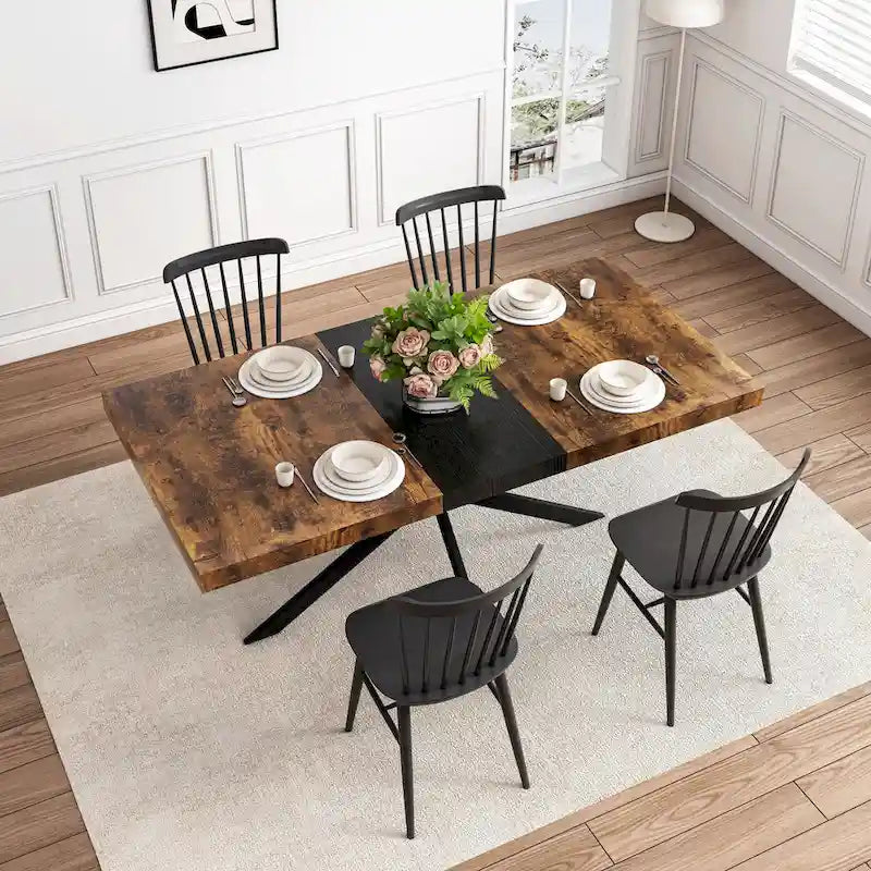 Retro Rectangular Extendable Dining Table with Black Embossed Iron Legs