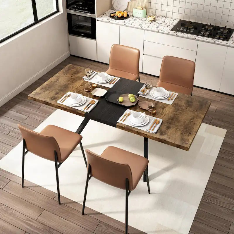 Retro Rectangular Extendable Dining Table with Black Embossed Iron Legs
