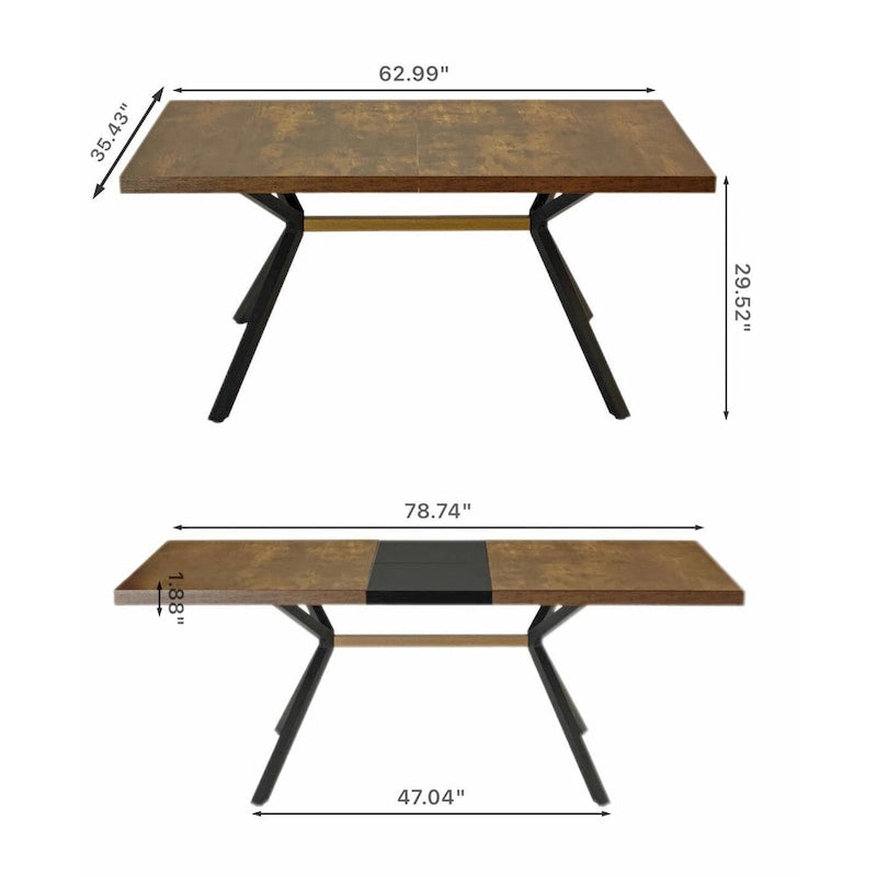 Retro Rectangular Extendable Dining Table with Black Embossed Iron Legs