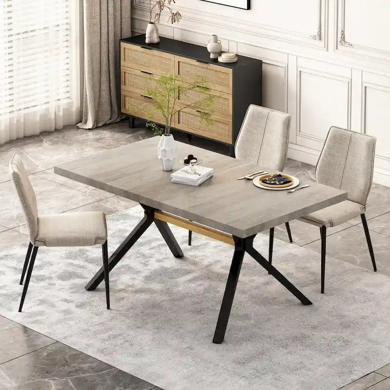 Retro Rectangular Extendable Dining Table with Black Embossed Iron Legs