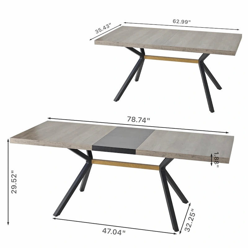 Retro Rectangular Extendable Dining Table with Black Embossed Iron Legs